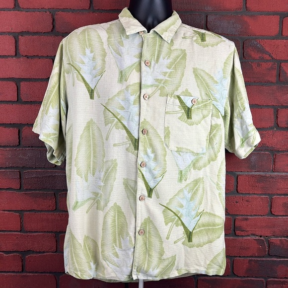 Bobby Chan Mens Silk Tropical‎ Button Down Green Large - Picture 1 of 7